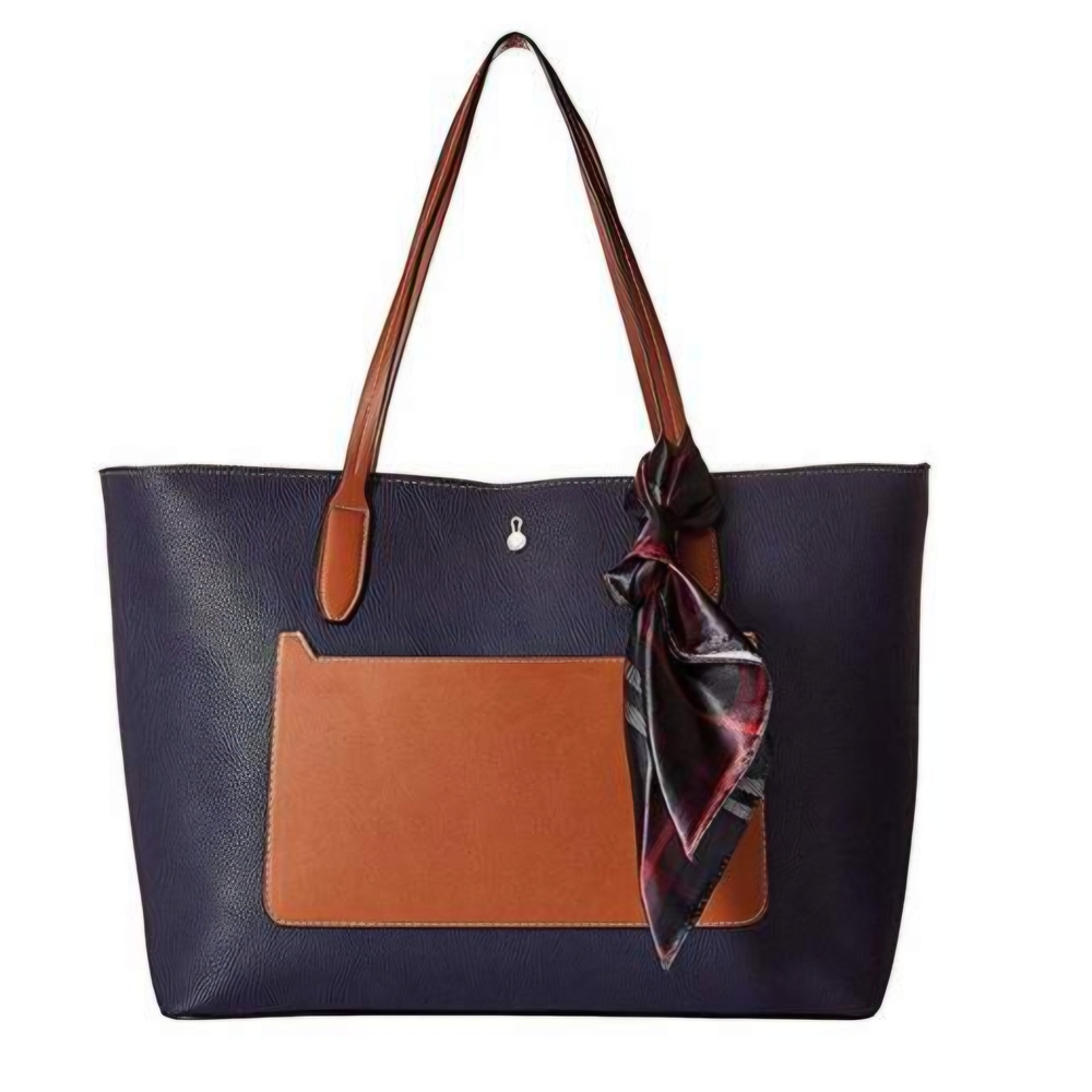 London Fog Mercer Tote Plaid Scarf Navy Purse w/ Tan Trim Leather Handbag NEW